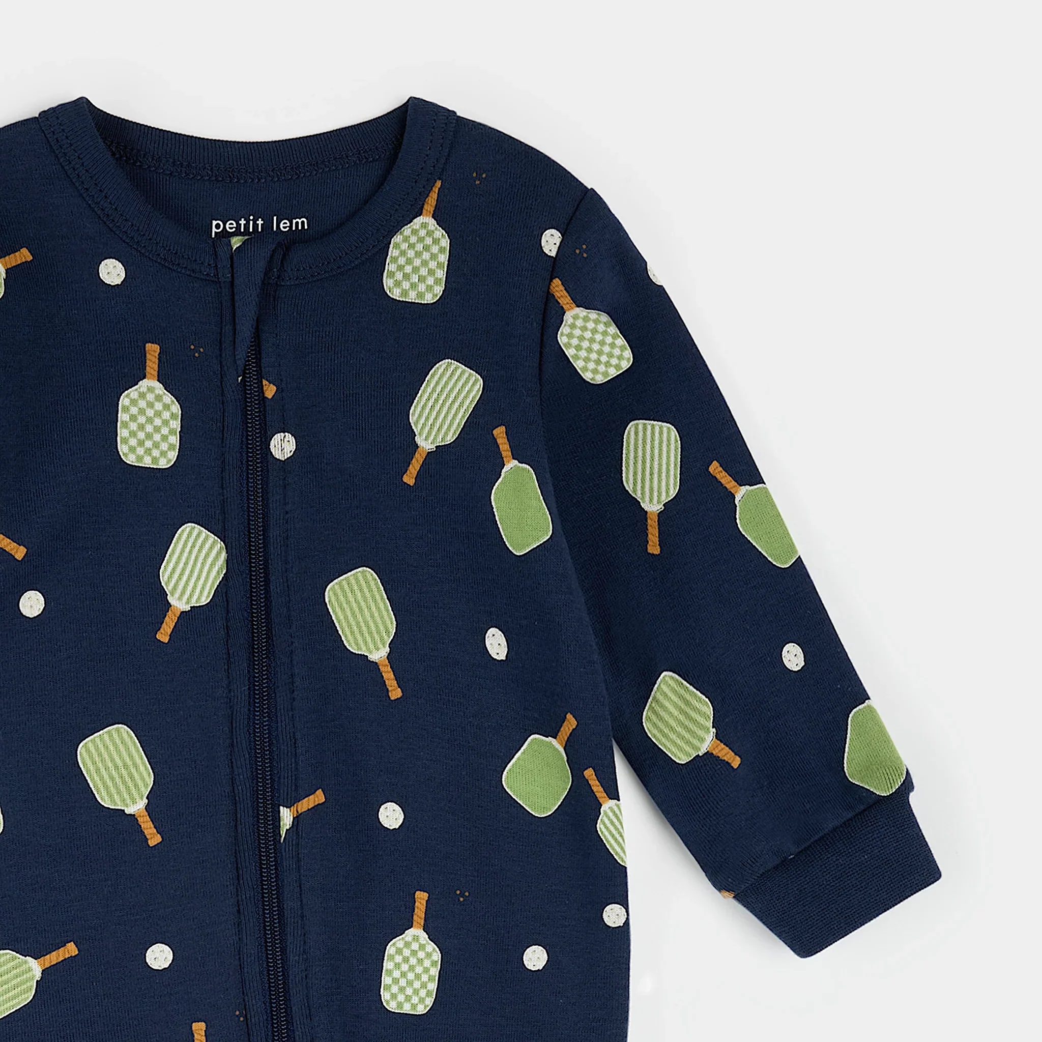 PETIT LEM- Baby Pickleball Print on Dress Blue Sleeper - Image 2