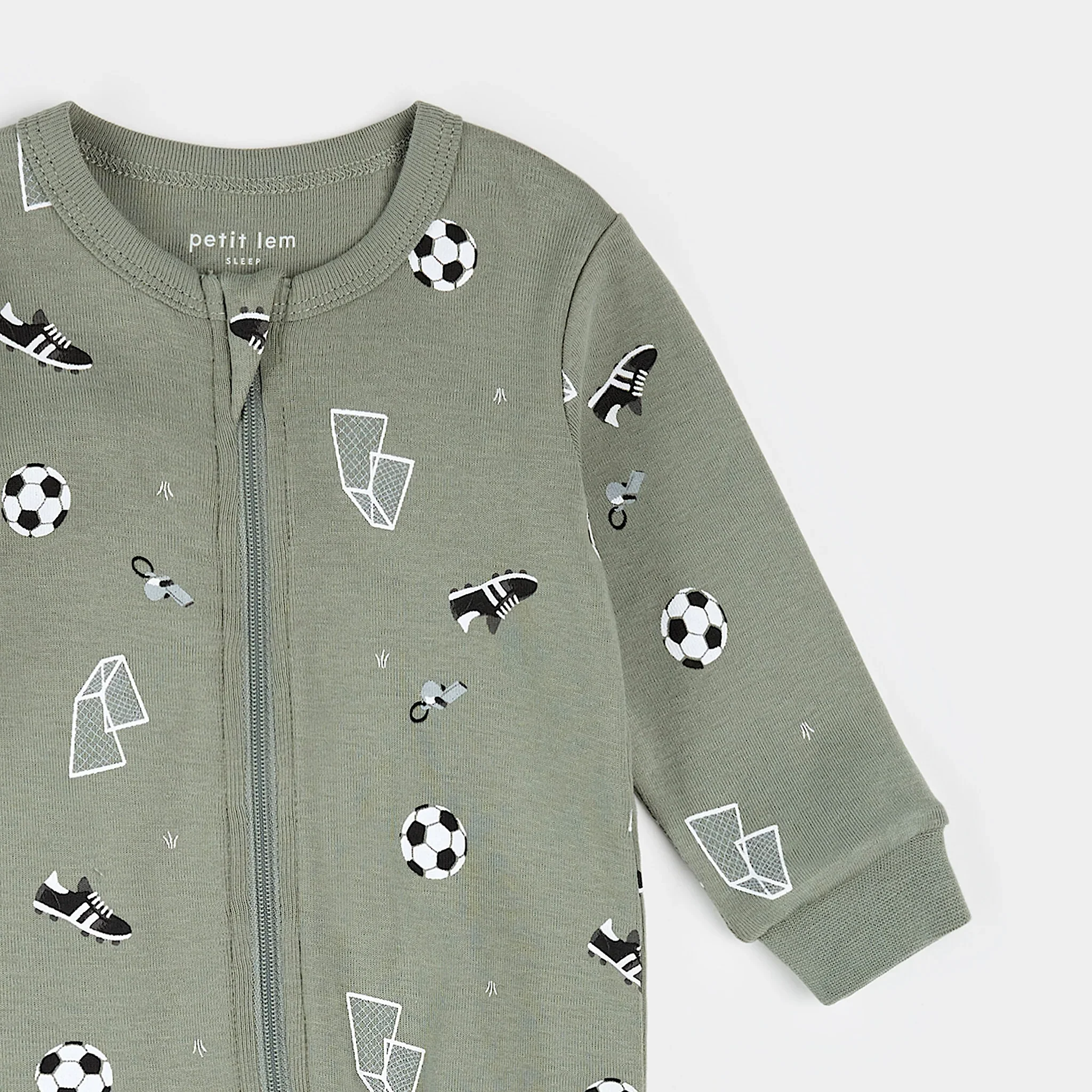 PETIT LEM- Baby Soccer Print on Olive Sleeper - Image 2