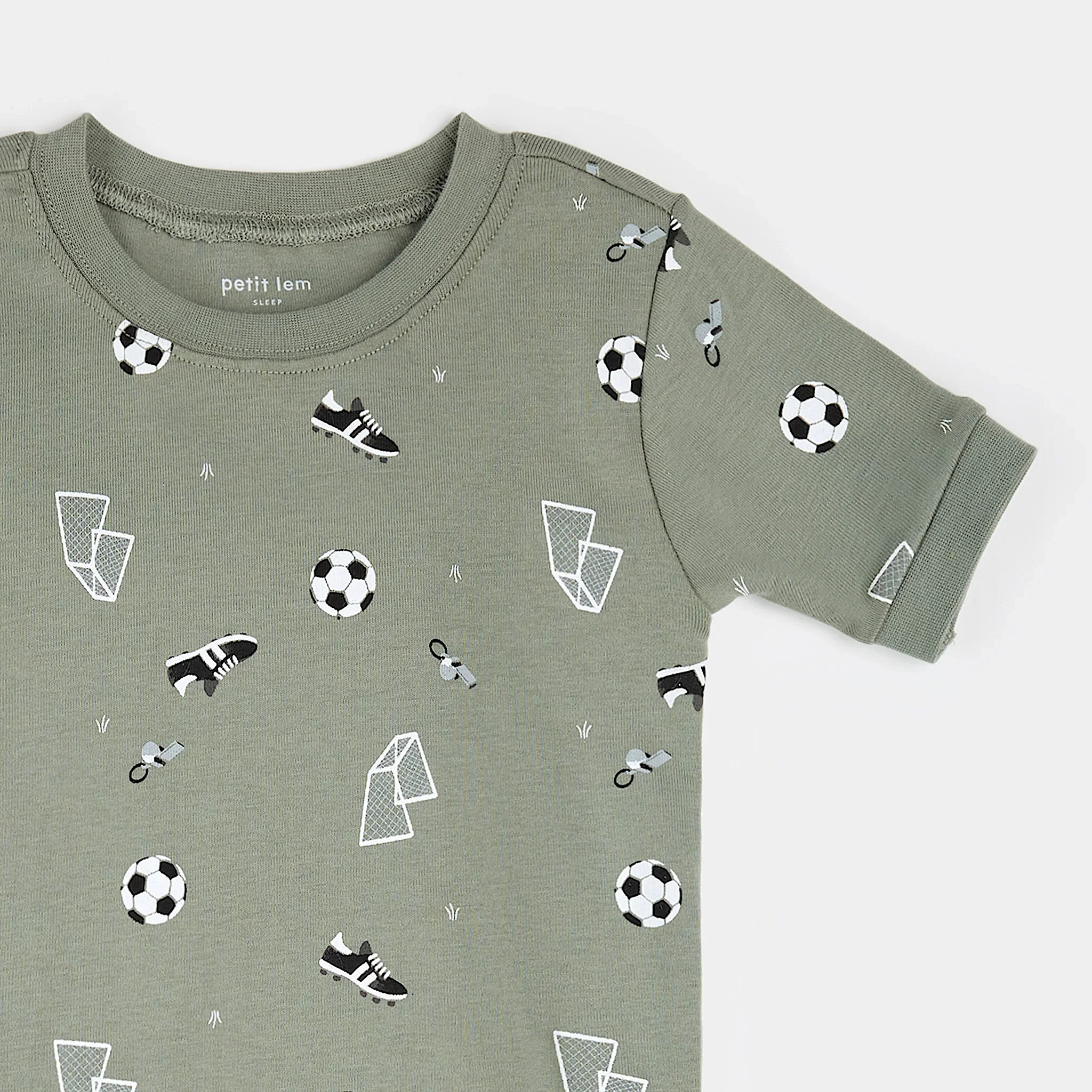 PETIT LEM- Kids Soccer Print on Olive Short-Sleeved PJ Set - Image 2