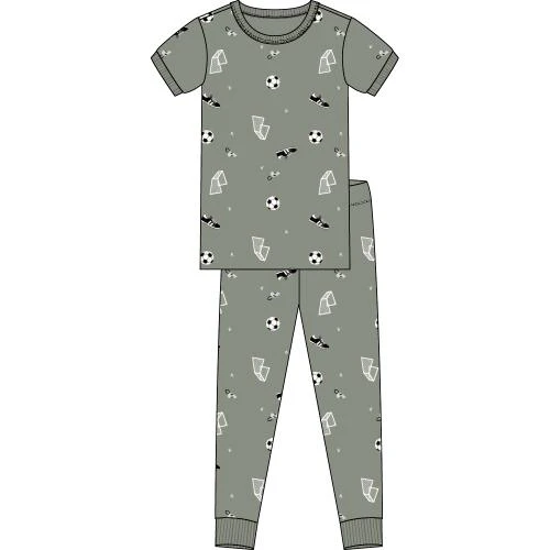 PETIT LEM- Kids Soccer Print on Olive Short-Sleeved PJ Set (8-14) - Image 3